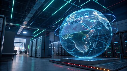Digital earth globe in server room representing global data network and communication