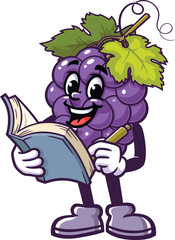 Cartoon mascot of a grape holding a book