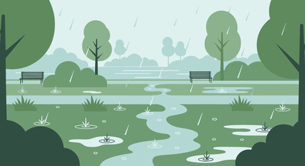Minimalist park illustration featuring a rainy day with puddles and benches, suitable for backgrounds
