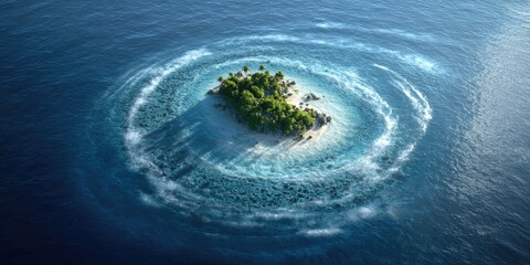 Tropical island encircled by swirling ocean waves