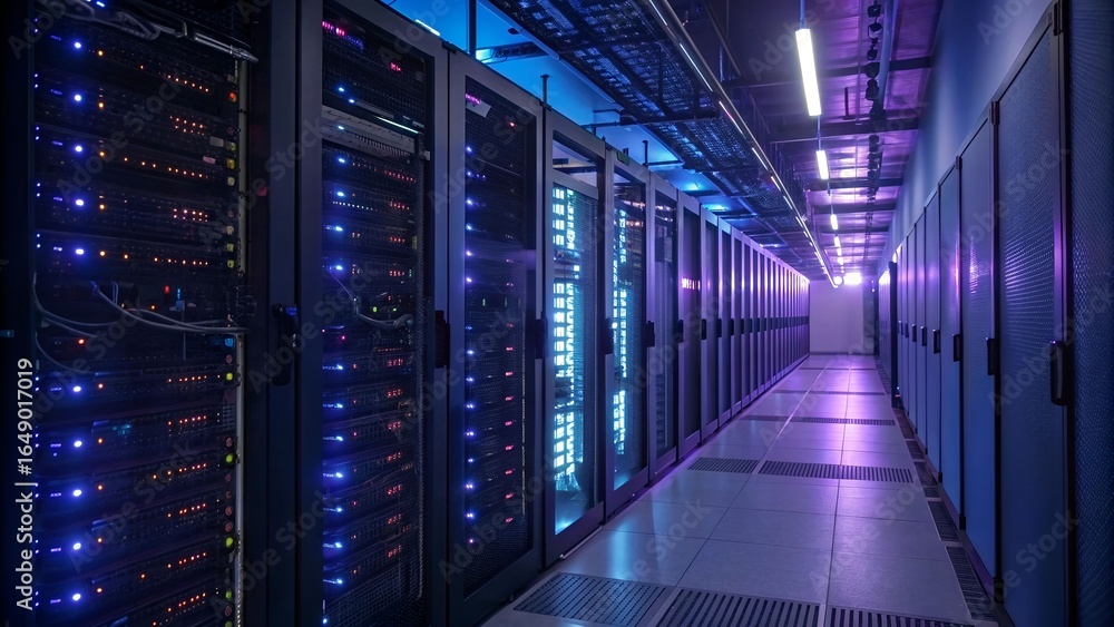 Aufkleber illuminated server room with rows of computer racks for data storage and processing