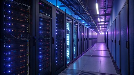 Illuminated server room with rows of computer racks for data storage and processing