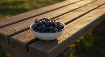 Bowl of fresh, dark grapes sits on a wooden park bench in the sunlight.