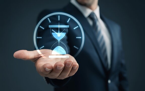 Businessman holding a futuristic glowing hourglass and clock interface isolated on transparent background