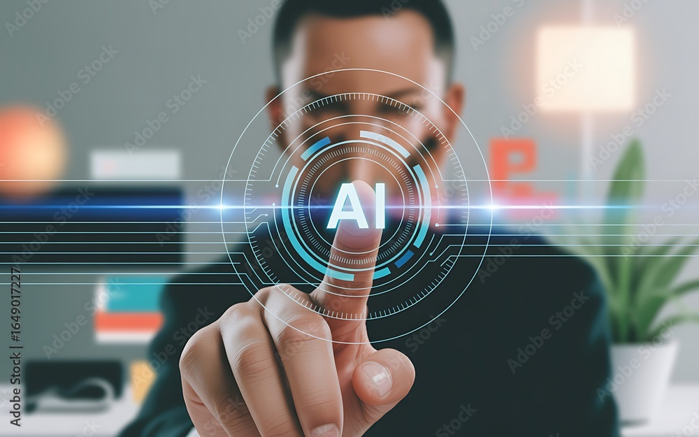 Poster businessman touching ai interface on transparent background isolated on transparent background
