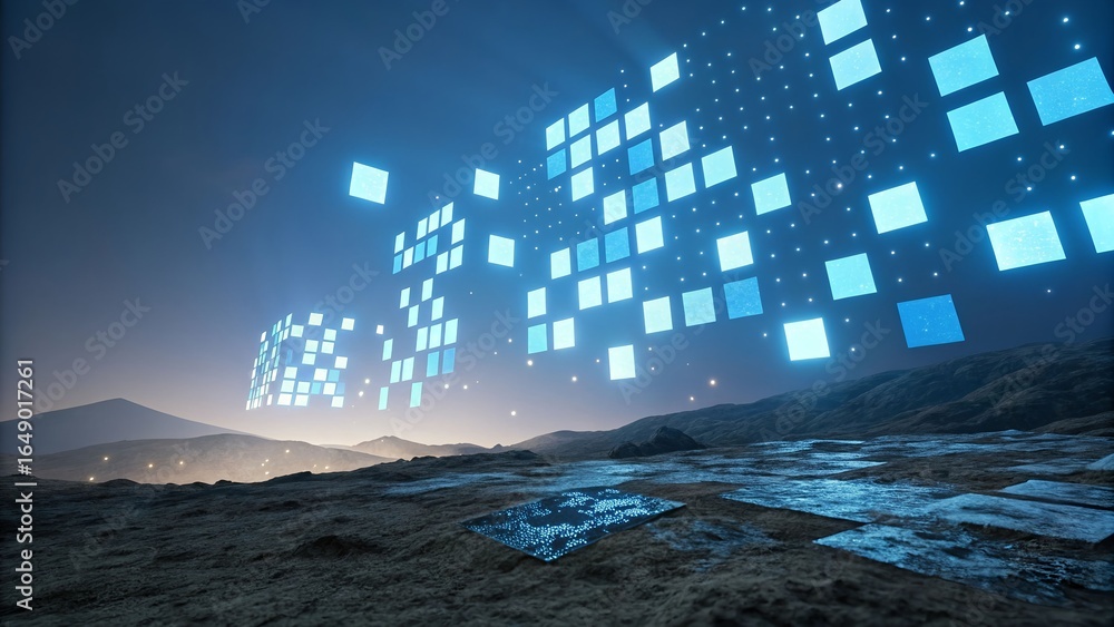 Poster abstract digital data landscape with squares, technology and artificial intelligence