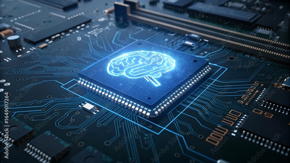 Aufkleber artificial intelligence brain on a computer chip, machine learning and innovation