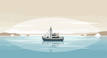 Minimalist Seascape With Fishing Boat On Calm Ocean Under Gentle Sky