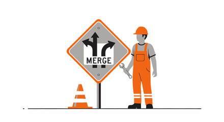 Merge Ahead Sign With Worker For Road Construction And Maintenance Project