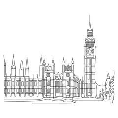 Continuous Line Drawing of Big Ben and the Palace of Westminster – Minimalist London Landmark Illustration