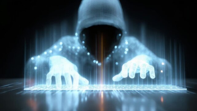 A hooded hacker typing on a glowing virtual keyboard. The dark background and neon blue light effects create a high-tech, cybersecurity, and digital crime atmosphere, hacking, data breaches, online