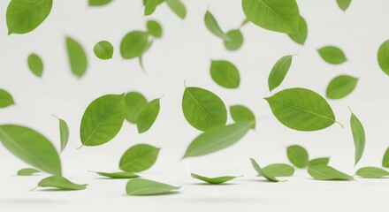 Green leaves falling gracefully against a bright white background.  The image evokes a sense of freshness and lightness.