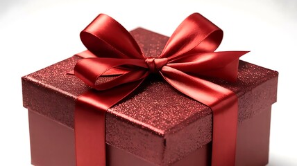 Obraz premium Close up of a sparkly red gift box with a satin ribbon bow on a white background present