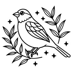 Stylized line art bird perched on a branch with stars
