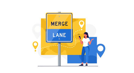 Merge Lane Awareness Vector Illustration Woman Checking Gps Application