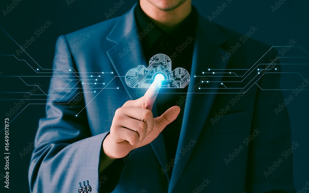 Poster businessman touching a glowing cloud network on transparent background isolated on transparent backg