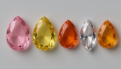 Four gemstones in pink yellow orange and clear colors arranged horizontally