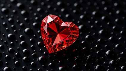 Red heart-shaped gem on black water droplets for a romantic high definition mobile wallpaper