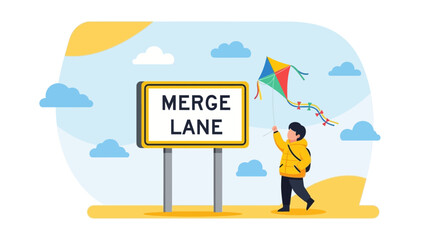 Obraz premium Merge Lane Concept Illustration With Kid Flying a Kite on Beautiful Day