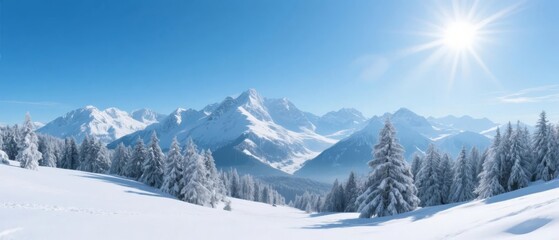 Snowy Mountain Landscape with Sunlit Peaks and Evergreen Trees