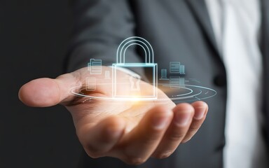 Business man holding a digital padlock icon representing cybersecurity and data protection isolated on transparent background