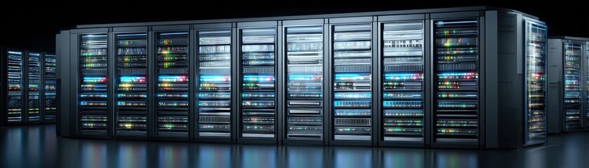 A sleek data center filled with illuminated server racks, showcasing advanced technology and organized storage in a dark environment.