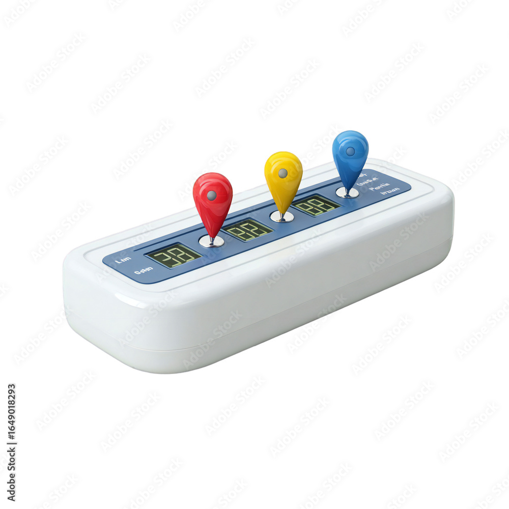 Poster modern electronic control panel device with digital display and colored indicator buttons, isolated 