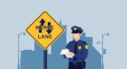 Merge Lane Road Sign And Policeman Taking Notes In Urban Area