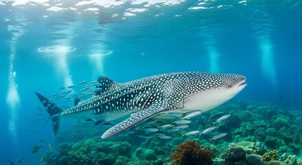 Obraz premium Whale Shark Surrounded by Fish in Coral Reef Underwater Scene
