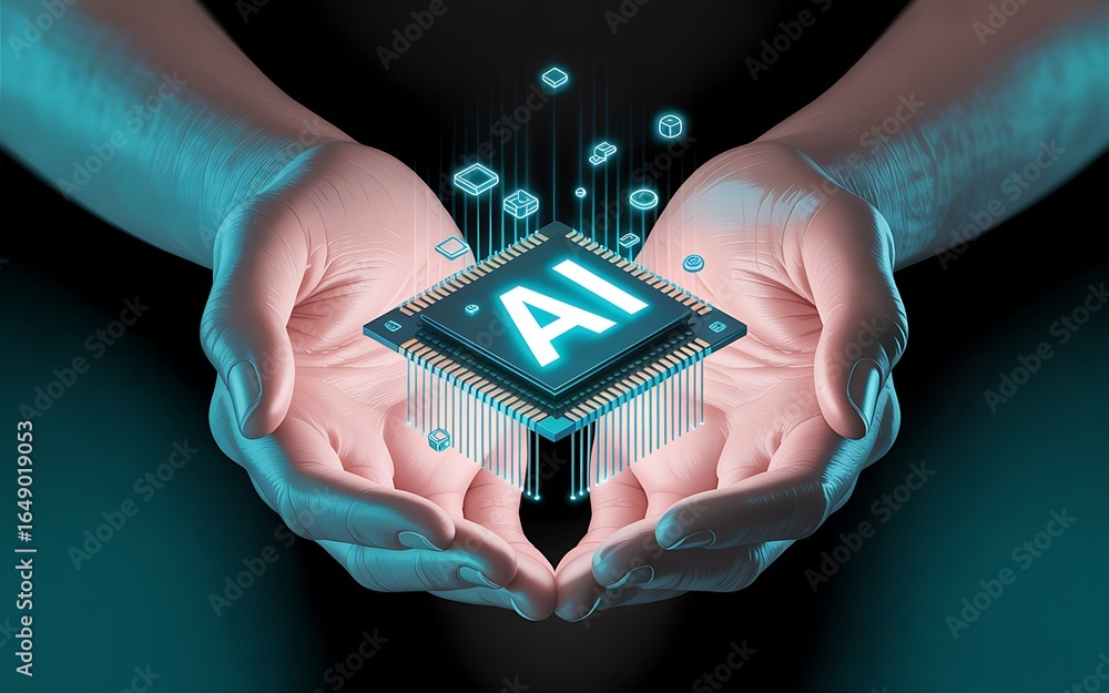 Aufkleber hands holding a glowing ai chip with digital data streams isolated on transparent background