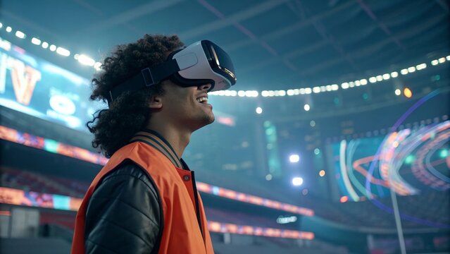 Man wearing vr headset experiencing virtual reality at a football stadium