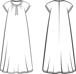 CAD drawing flat vector illustration, fashion technical sketch, dress front and back view, short sleeve, round neck, tie detailCAD drawing flat vector illustration