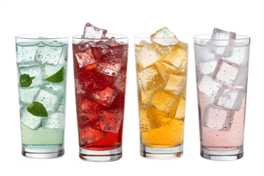 Colorful drinks with ice cubes, refreshing beverage