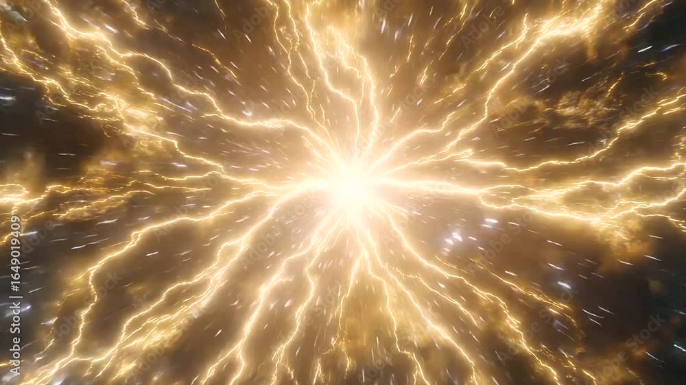 Poster sci-fi energy core exploding with golden plasma, futuristic tech background, glowing particle burst,