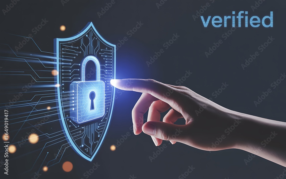 Poster finger touching glowing digital shield with padlock and verified text isolated on transparent backgr