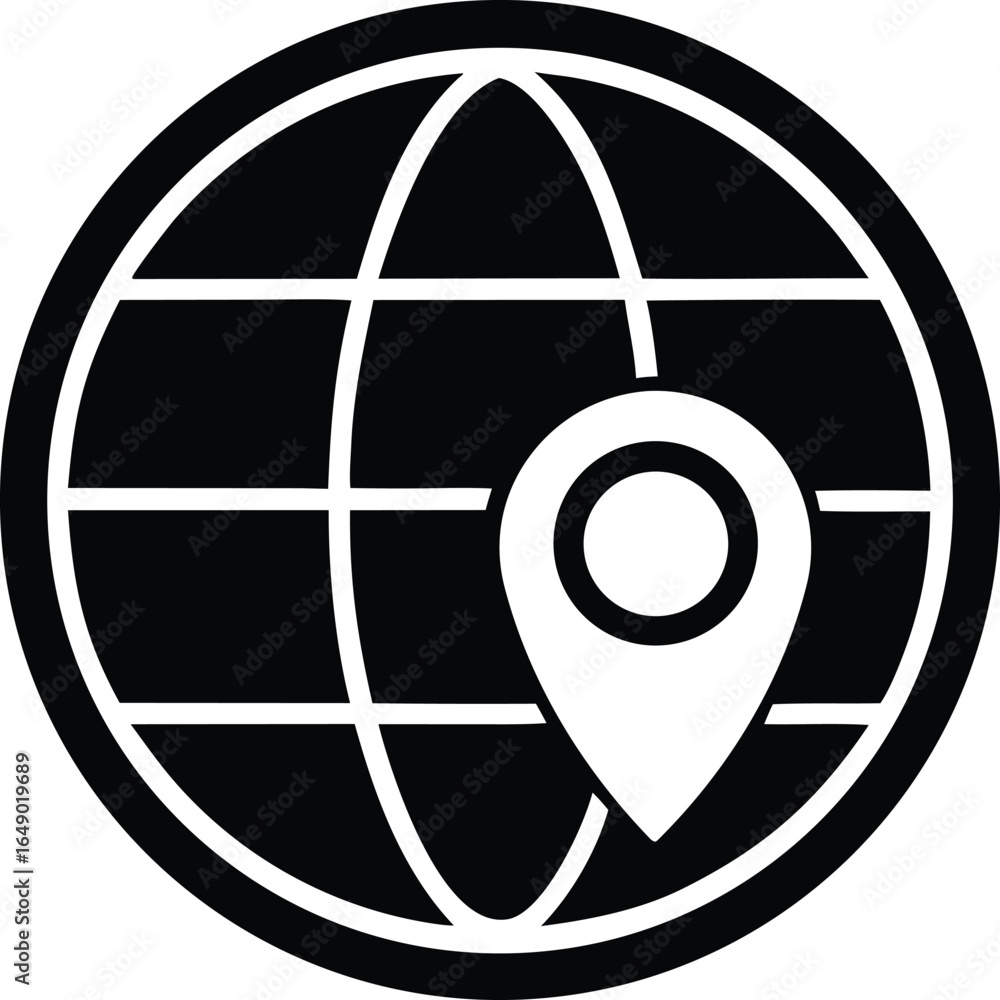 Poster stylized black and white icon of a globe with a location pin marking a specific point on the world