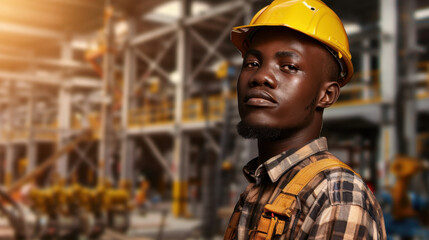 Confident construction worker wearing yellow hard hat and plaid shirt stands industrial setting, showcasing determination and professionalism. background features machinery and construction
