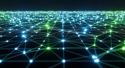 Obraz premium Vibrant abstract network of glowing interconnected data points forming a futuristic digital mesh against a dark background, symbolizing global communication and technological advancement