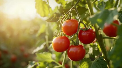 Vibrant red tomatoes ripen in the sun, attached to a flourishing vine. The image captures a moment of freshness. 