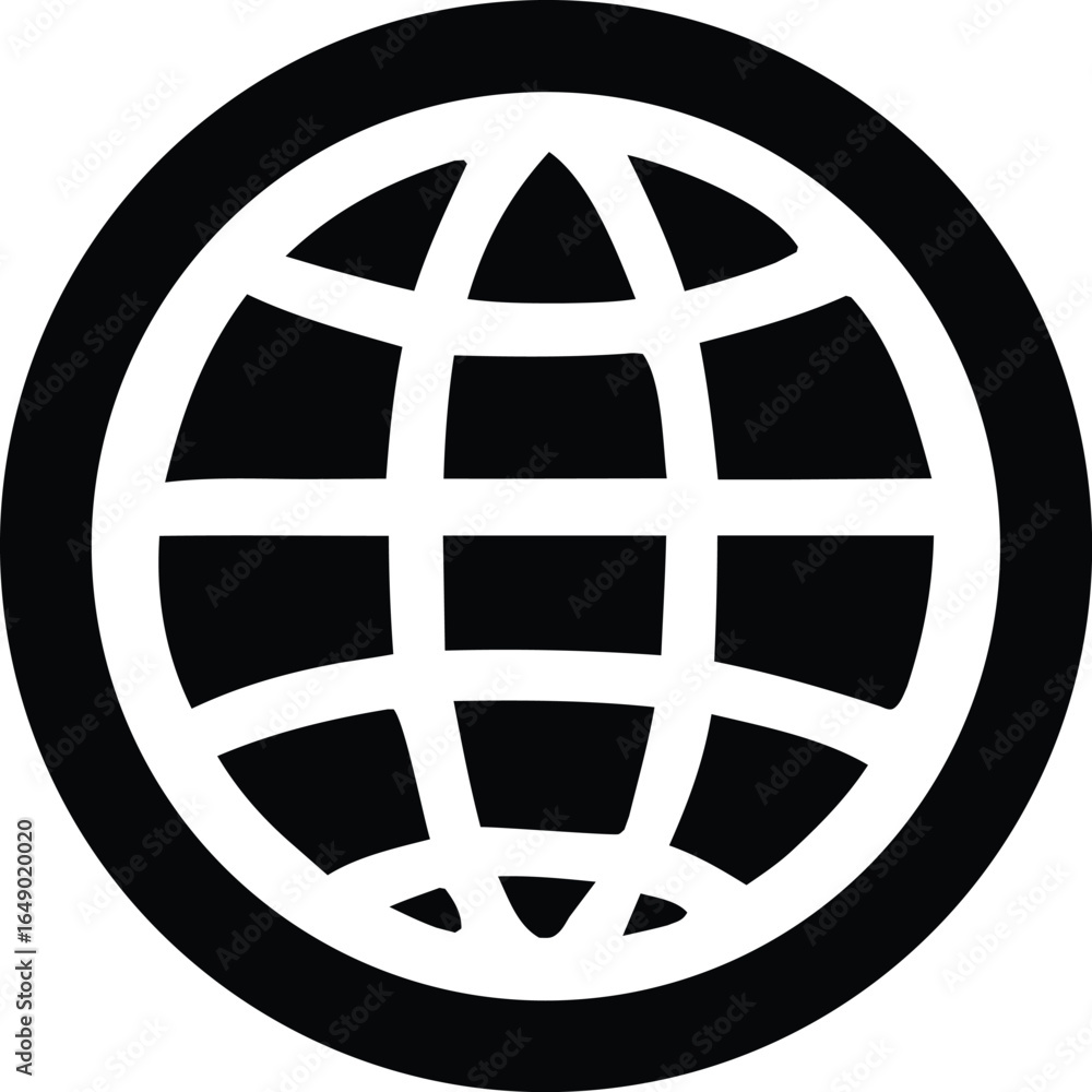 Poster stylized black and white graphic representation of a globe with intersecting lines symbolizing globa