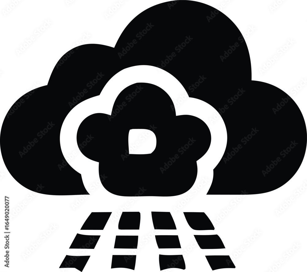 Poster stylized black and white icon depicting a cloud with a flower inside and a grid pattern below