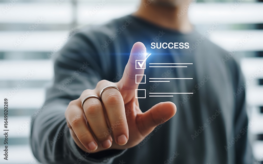 Poster man s finger touching success checklist on digital screen isolated on transparent background
