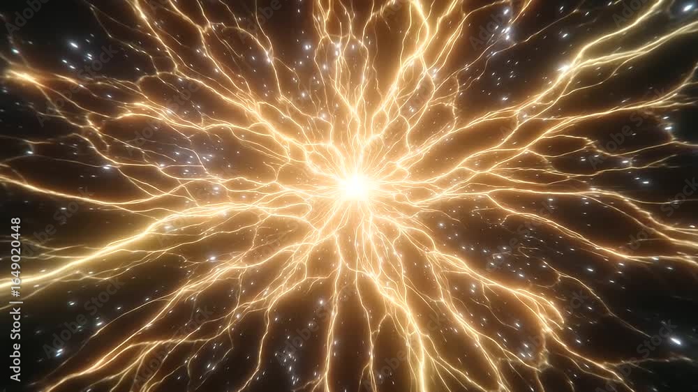 Poster sci-fi energy core exploding with golden plasma, futuristic tech background, glowing particle burst,