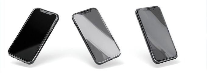 Three gray smartphones with blank screens, presented in a 3D product shot