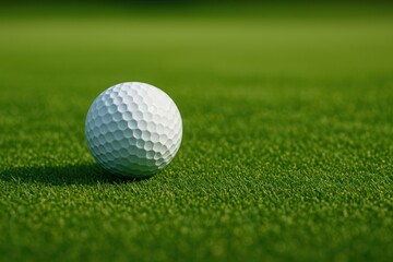 Obraz premium Close-up of golf ball on vibrant green grass. Great for sports equipment ads, golf club memberships, athletic training, and outdoor leisure campaigns. 
