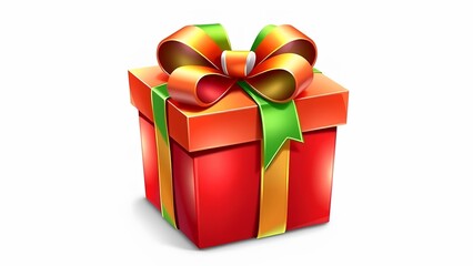 Vibrant red gift box adorned with a multicolored ribbon and a large decorative bow, perfect for any celebration