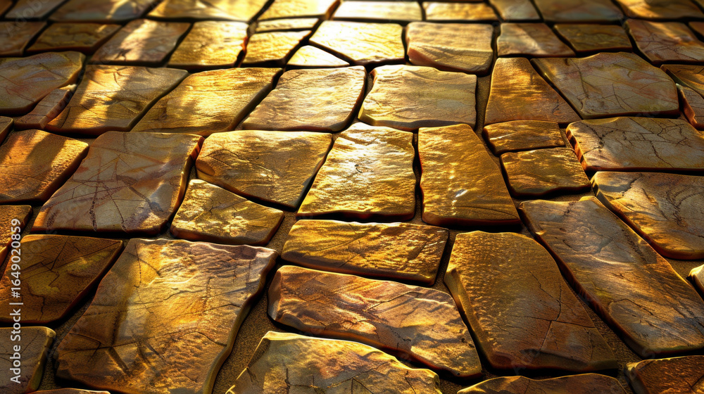 Poster golden stone tiles create warm and inviting surface, reflecting light beautifully. textured pattern 