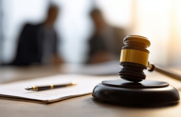 Legal setting with gavel and documents on a table during a discussion in a professional environment Generative AI