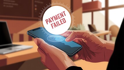 Person holding smartphone with payment failed notification isolated on transparent background