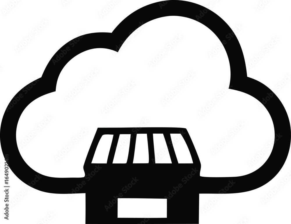 Poster abstract black and white illustration of a server rack or computer hardware placed inside a stylized